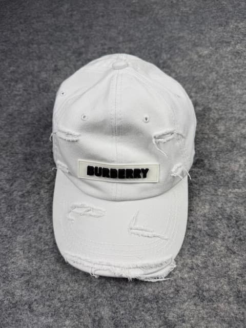 Burberry White Distressed Cap | Black Burberry Logo Patch Dad Hat | Destroyed Adjustable White Baseball Cap