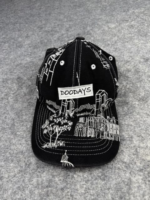 Doodays Black Embroidered Cityscape Cap | White Line Art Urban Landscape Hat | Doodays Adjustable Snapback