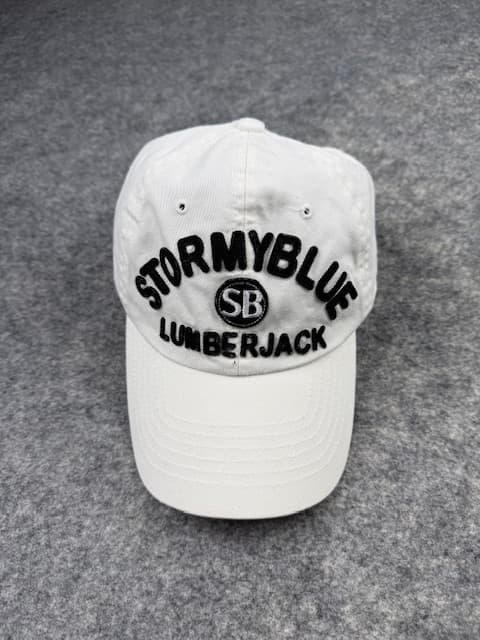 Stormy Blue Lumberjack White Dad Cap | Black Embroidered SB Logo Hat | Adjustable White Baseball Cap