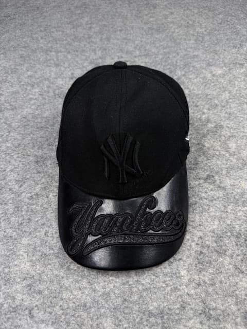 New York Yankees Black Script Cap | MLB Yankees Leather Brim Dad Hat | Premium Black Adjustable Baseball Cap