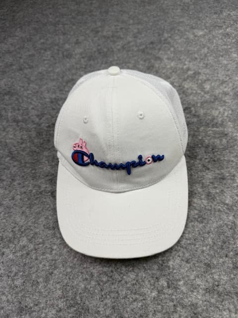 Champion x Peppa Pig White Trucker Cap | Blue Script Champion Hat with Peppa Pig Embroidery | Adjustable Snapback