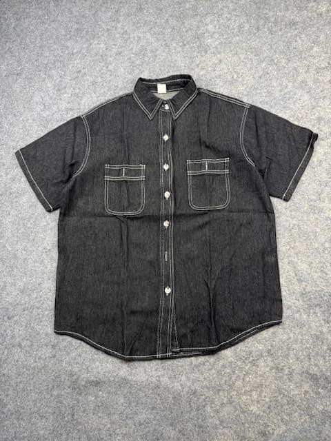 Black Denim Short Sleeve Button-Up Shirt Size L Contrast Stitch