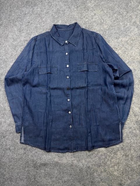 Minimalist Dark Indigo Denim Shirt Dual Pocket Long Sleeve Size L