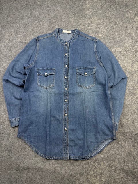 ELIM Band Collar Denim Snap Button Shirt Blue Size M
