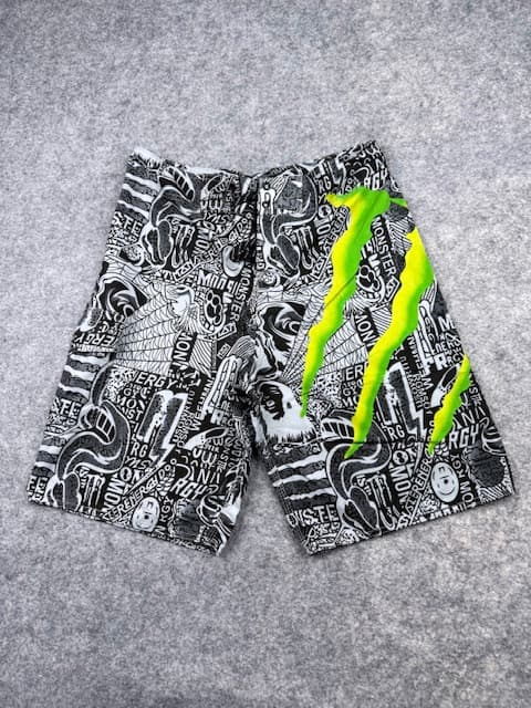 Monster Graphic Print Cargo Shorts Black White Neon Green – Size 32