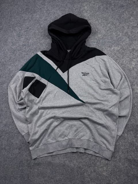 Authentic Pre-Loved Vintage Reebok Vector Colorblock Pullover Hoodie - Grey / Black / Green | Size L (Oversized)