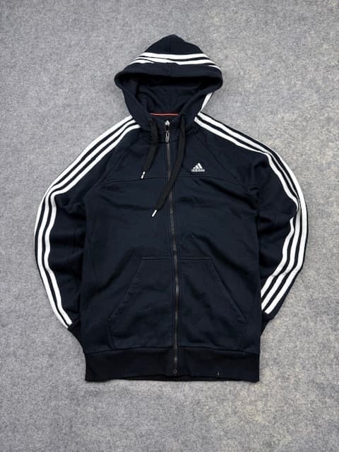 Authentic Pre-Loved Adidas Performance Essentials 3-Stripe Full-Zip Hoodie - Black / White | Size S (090)