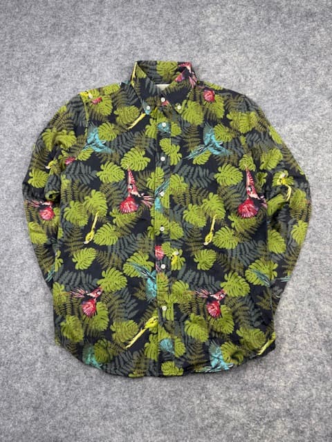 Authentic Trendiano Tropical Macaw Print Long Sleeve Button-Down Shirt - Black/Green | Size M