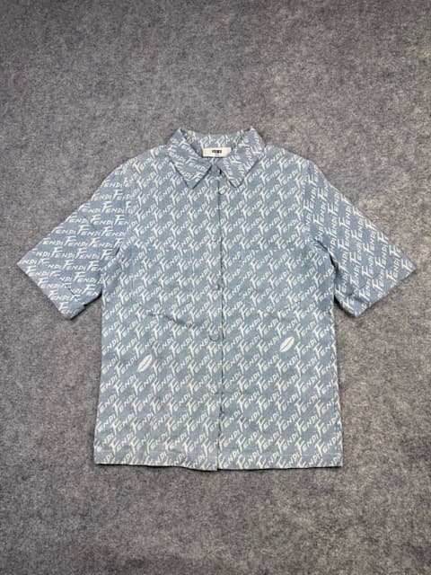 Authentic Fendi Roma All-Over Script Logo Short Sleeve Shirt - Light Blue | Size S (IT 38)