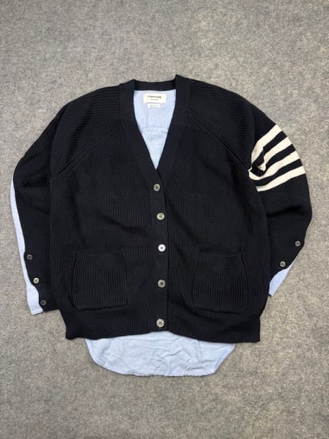 Authentic Thom Browne New York 4-Bar Stripe Layered Cardigan - Navy/Light Blue