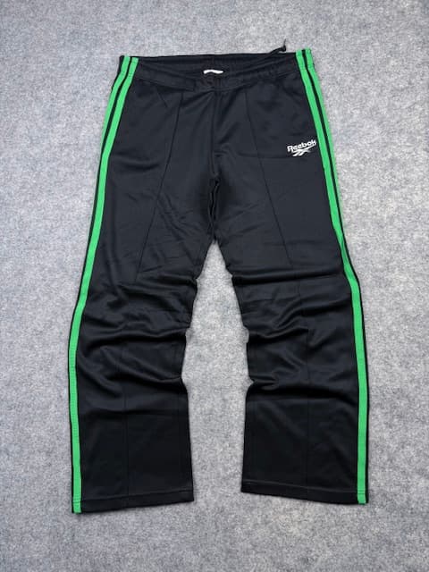 Reebok Classic Black Track Pants with Green Stripes – Size L