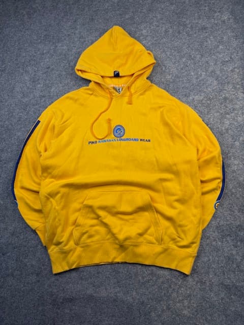 Authentic Pre-Loved Vintage Piko Hawaiian Longboard Wear Graphic Hoodie - Yellow / Blue | Size L (Oversized)
