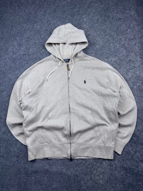 Authentic Pre-Loved Polo Ralph Lauren Classic Full-Zip Pony Hoodie - Light Heather Grey | Size XL (Oversized Fit)