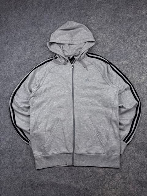 Authentic Pre-Loved Adidas Performance Essentials 3-Stripe Full-Zip Hoodie - Heather Grey / Black | Size L