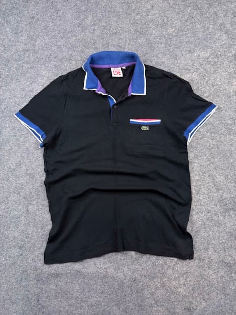 Pre-Loved Lacoste L!VE Colorblock Pocket Polo Shirt - Black / Blue | Size Women's M