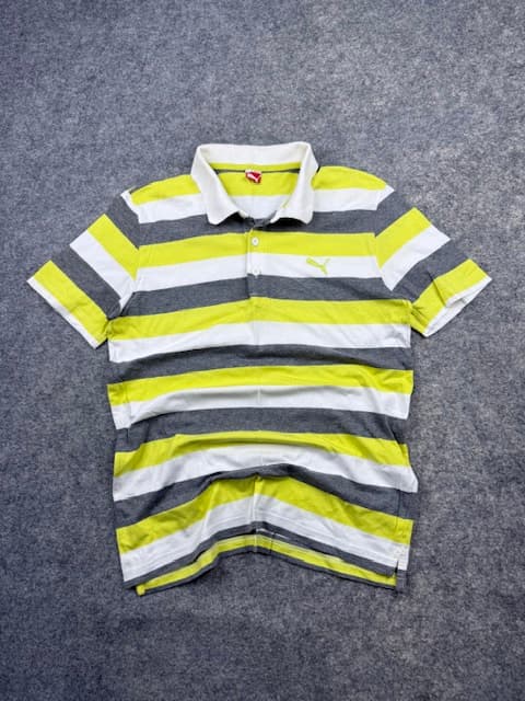 Pre-Loved Puma Sportlifestyle Striped Polo Shirt - Neon Yellow / Grey / White | Size Women's M