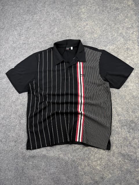 Pre-Loved Fila Golf Asymmetrical Pinstripe Polo Shirt - Black / Red | Size L/XL