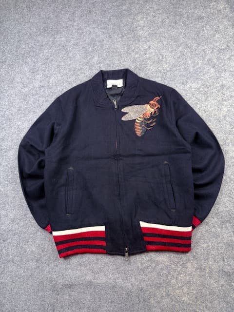 Gucci Luxury Embroidered Bee Wool-Blend Bomber Jacket with Web Rib Trim - Dark Navy Blue | Size L