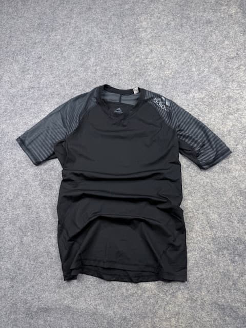 Adidas Techfit Climacool Athletic Short Sleeve Compression Shirt Base Layer - Black & Striped Grey | Size XL
