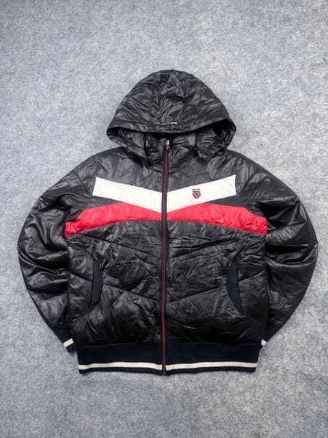 Vintage K-Swiss Hooded Quilted Down Puffer Jacket with Colorblock Stripe - Black, White & Red | Size M Women's