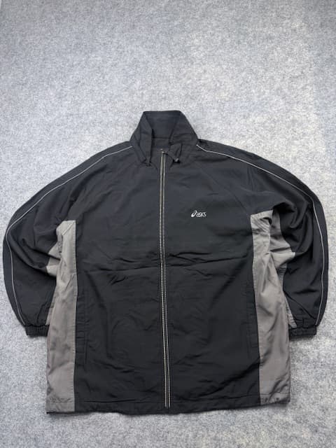 Vintage Asics Fleece-Lined Track Jacket / Windbreaker - Black & Grey | Size 3XL