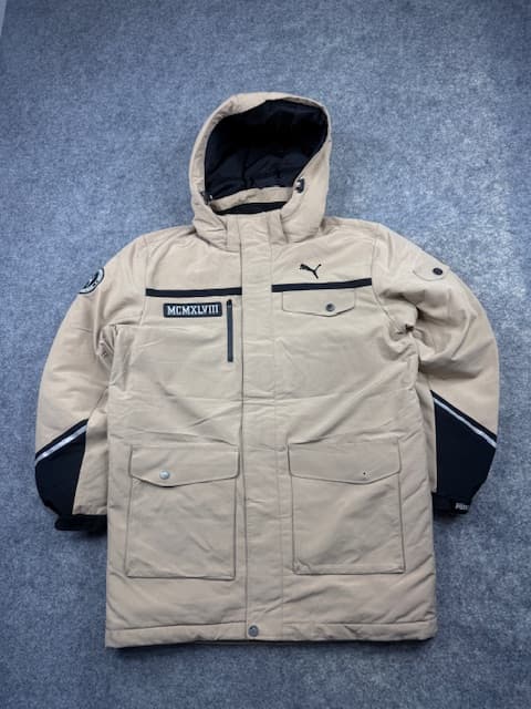 Puma Technical Insulated Winter Parka & Snow Coat with Hood - Khaki Beige & Black | Size S