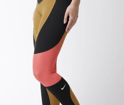 Nike Women Black & Mustard Brown Colourblocked Tight Fit SPT DST BTR Dri-FIT Tights