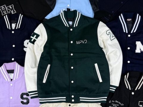 men's varsity jacket with a green body, white sleeves - LARGE