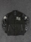 black varsity bomber jacket with faux leather sleeves - LARGE
