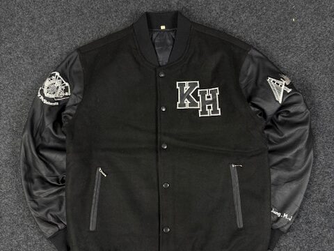 black varsity bomber jacket with faux leather sleeves - LARGE