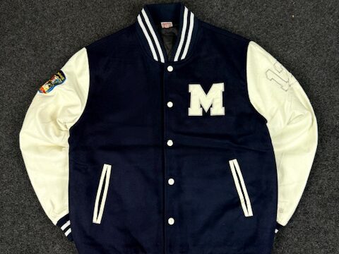 NAVY BLUE AND WHITE VARSITY JACKET - LARGE