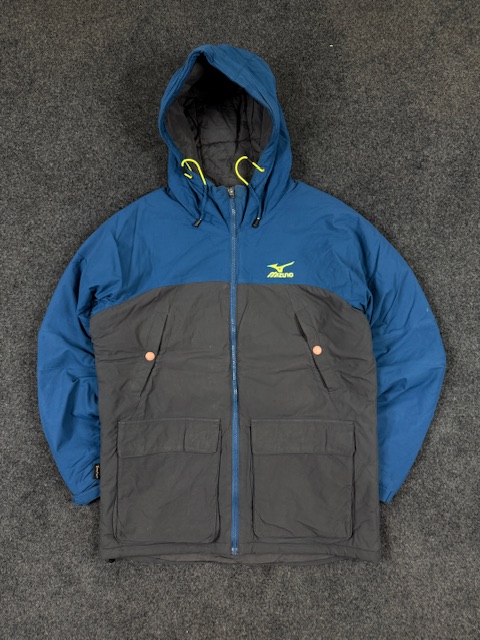 Mizuno hooded padded winter jacket – blue & grey | zip-up | size m Mizuno Hooded Padded Winter Jacket – Blue & Grey | Zip-Up | Size M