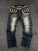 Disphark Vintage Y2K Embellished Cargo-Style Denim Jeans – Dark Blue Wash with Plaid & Neon Accents – (W31 L43)