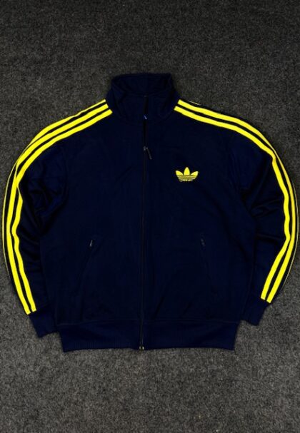 Adidas Originals Navy Blue & Yellow 3 Stripe Track Jacket – Trefoil Full Zip (Size XL)