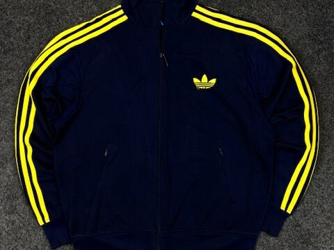 Adidas Originals Navy Blue & Yellow 3 Stripe Track Jacket – Trefoil Full Zip (Size XL)