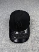 New York Yankees Black Script Cap | MLB Yankees Leather Brim Dad Hat | Premium Black Adjustable Baseball Cap