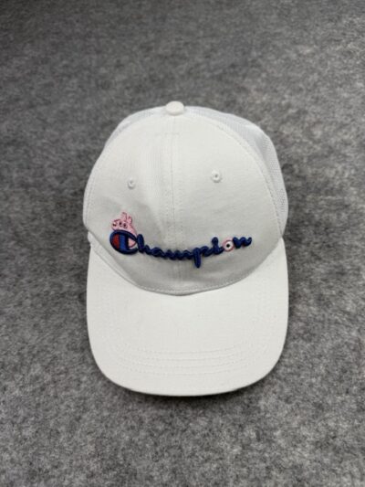Champion x Peppa Pig White Trucker Cap | Blue Script Champion Hat with Peppa Pig Embroidery | Adjustable Snapback