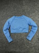 Women’s Cropped Long Sleeve Workout Top - Light Blue with Thumbholes & Back Cutout - Size L