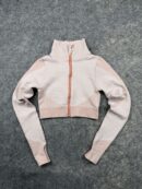 Women’s Cropped Zip-Up Mock Neck Jacket - Beige/Pink Textured Activewear - Size S