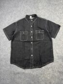 Black Denim Short Sleeve Button-Up Shirt Size L Contrast Stitch