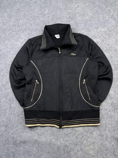 Fila Women’s Quilted Track Jacket Black Gold Full Zip Athletic Casual Bomber L