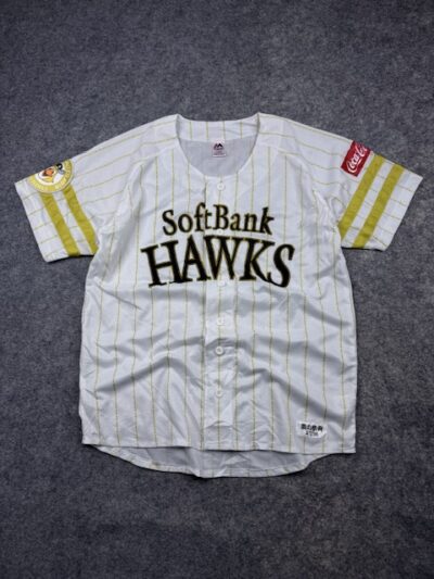 Majestic SoftBank Hawks Baseball Jersey Size L – White & Gold Pinstripe Japan Baseball