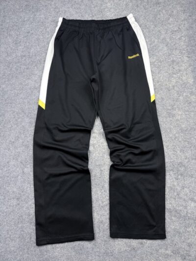 Reebok Black Track Pants with White Side Panels & Yellow Accents – XL