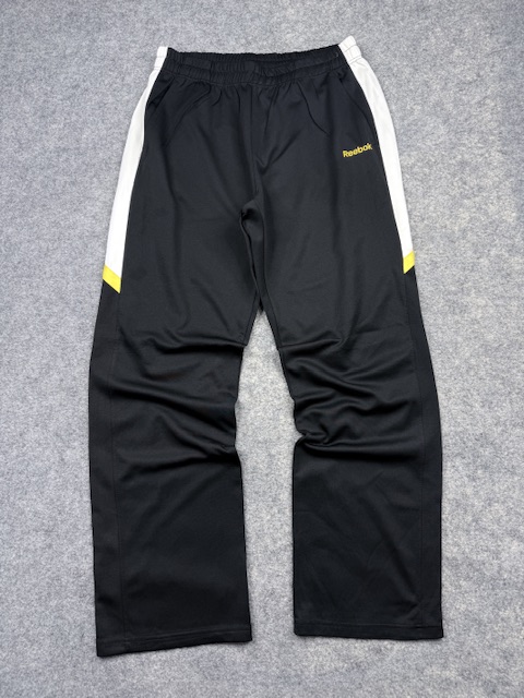 Reebok Black Track Pants with White Side Panels & Yellow Accents – XL Reebok Black Track Pants with White Side Panels & Yellow Accents – XL