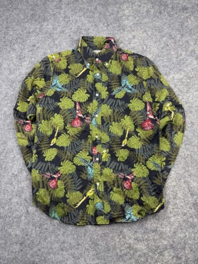 Authentic Trendiano Tropical Macaw Print Long Sleeve Button-Down Shirt - Black/Green | Size M