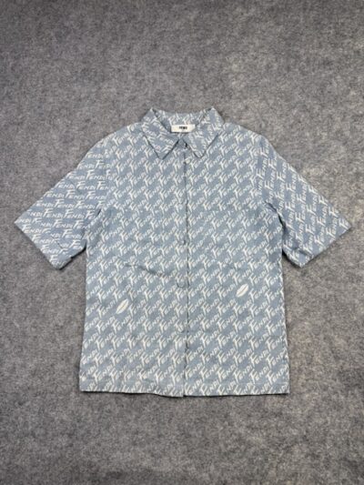 Authentic Fendi Roma All-Over Script Logo Short Sleeve Shirt - Light Blue | Size S (IT 38)