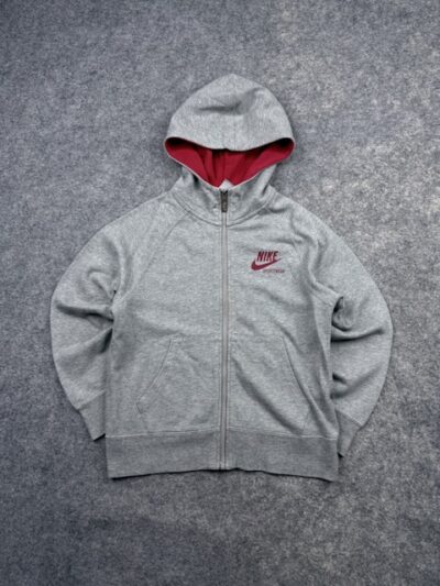 Authentic Pre-Loved Nike Sportswear Full-Zip Hoodie – Heather Gray with Red Accents | Size XXS