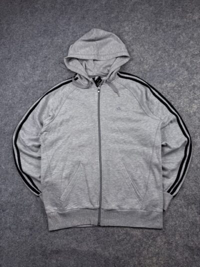 Authentic Pre-Loved Adidas Performance Essentials 3-Stripe Full-Zip Hoodie - Heather Grey / Black | Size L