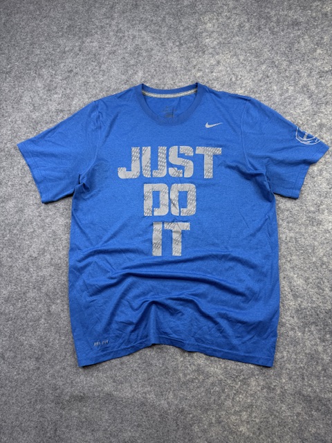 Authentic Pre-Loved Nike Dri-FIT "Just Do It" Graphic Performance T-Shirt - Blue / Grey | Size XL (Tag L) Authentic Pre-Loved Nike Dri-FIT "Just Do It" Graphic Performance T-Shirt - Blue / Grey | Size XL (Tag L)