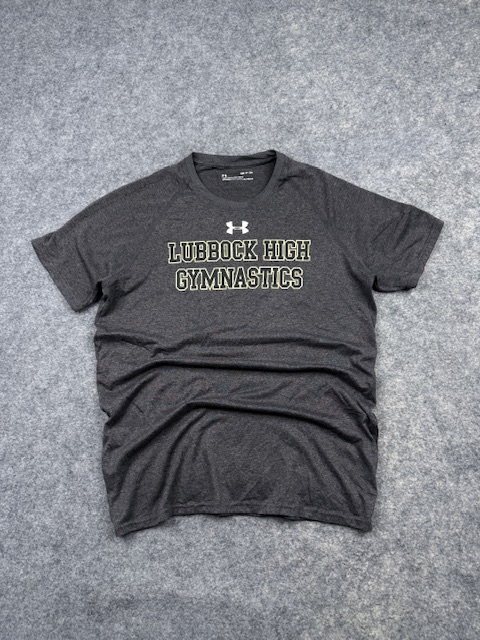 Pre-Loved Under Armour HeatGear Lubbock High Gymnastics T-Shirt - Dark Grey | Size M (Tag SM) Pre-Loved Under Armour HeatGear Lubbock High Gymnastics T-Shirt - Dark Grey | Size M (Tag SM)
